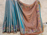 Blue and Copper Handloom Tissue Linen Saree with Machine Embroidery