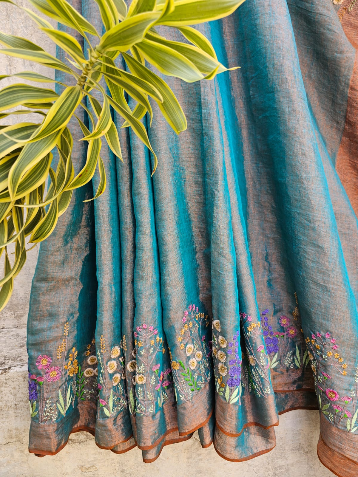 Blue and Copper Handloom Tissue Linen Saree with Machine Embroidery