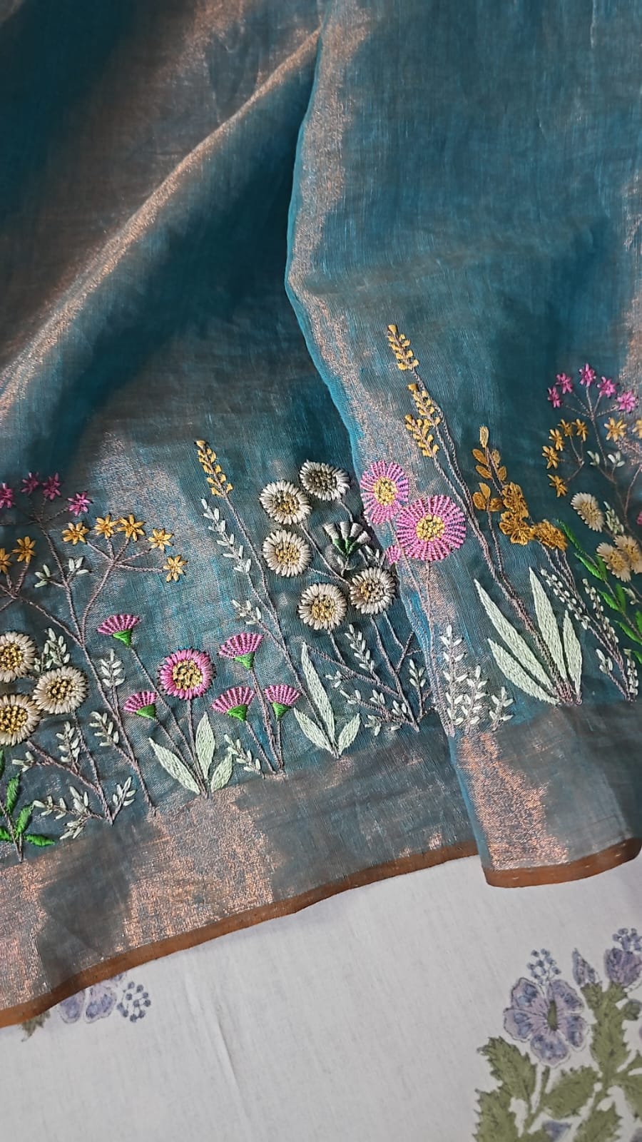 Blue and Copper Handloom Tissue Linen Saree with Machine Embroidery