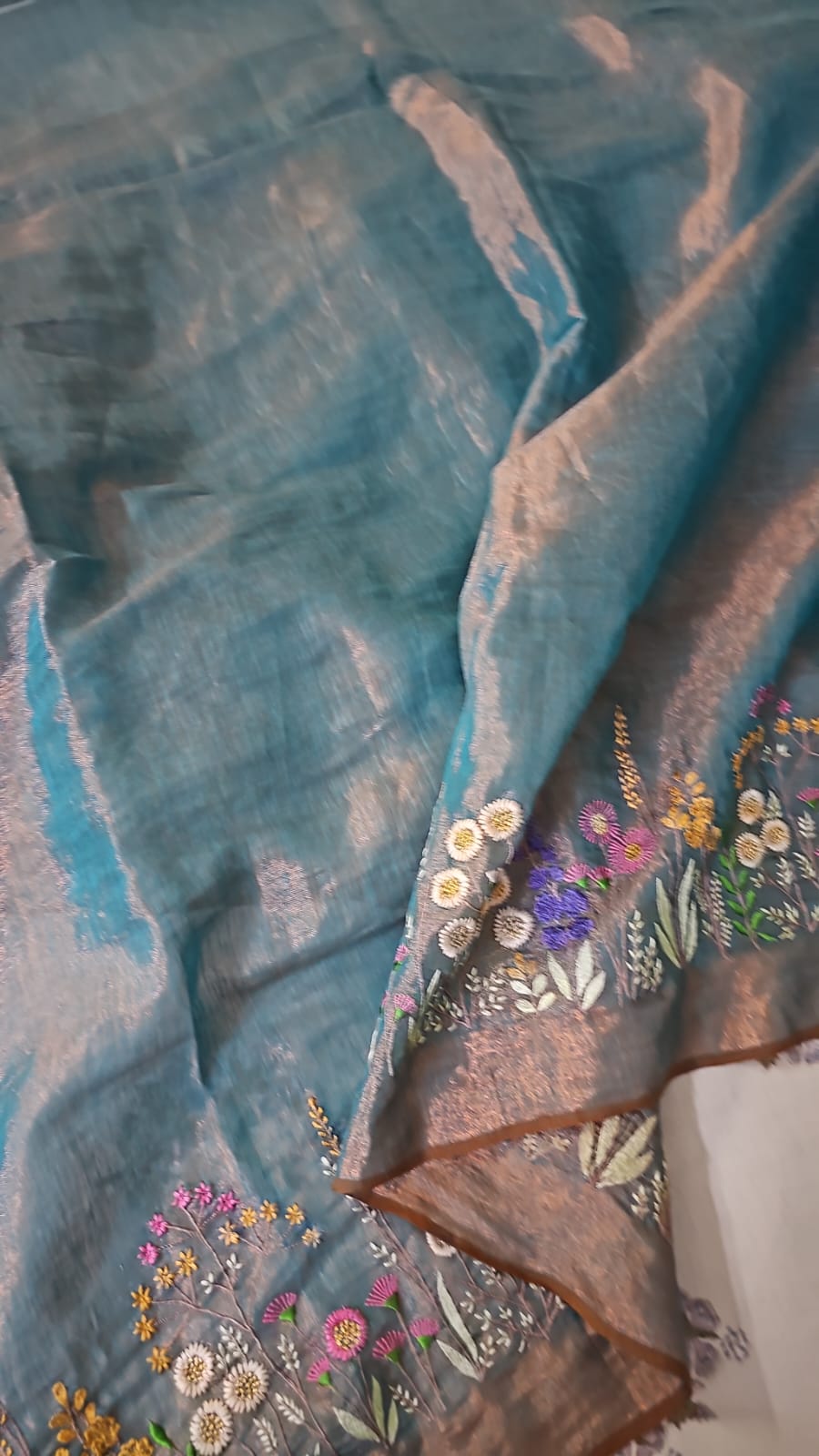 Blue and Copper Handloom Tissue Linen Saree with Machine Embroidery