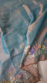 Blue and Copper Handloom Tissue Linen Saree with Machine Embroidery