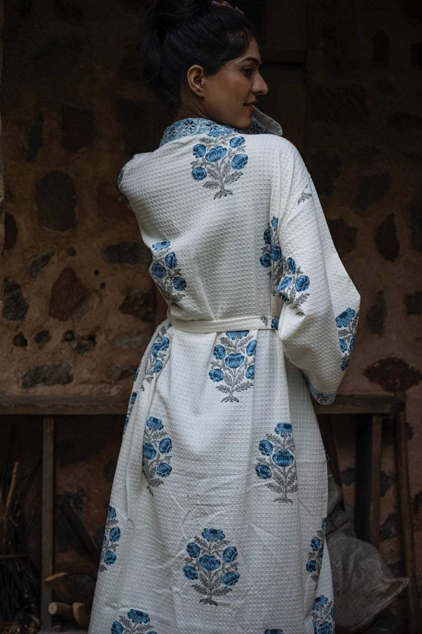 blue-floral-cotton-waffle-bathrobe-back-view