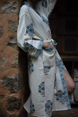 blue-floral-cotton-waffle-bathrobe-front-angled-view