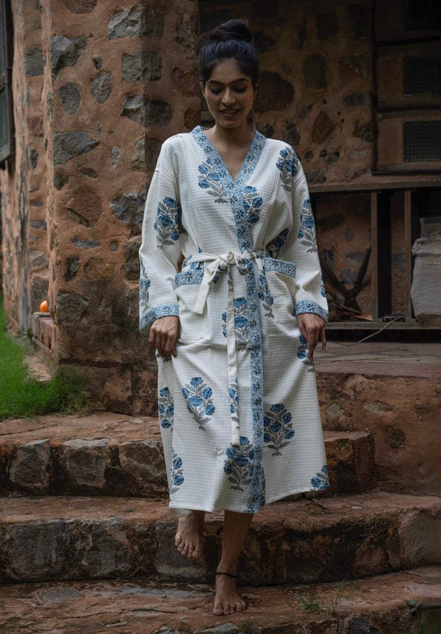 blue-floral-cotton-waffle-bathrobe-hanging-view