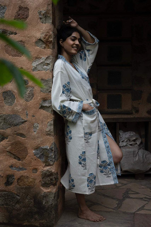blue-floral-cotton-waffle-bathrobe-side-angled-view
