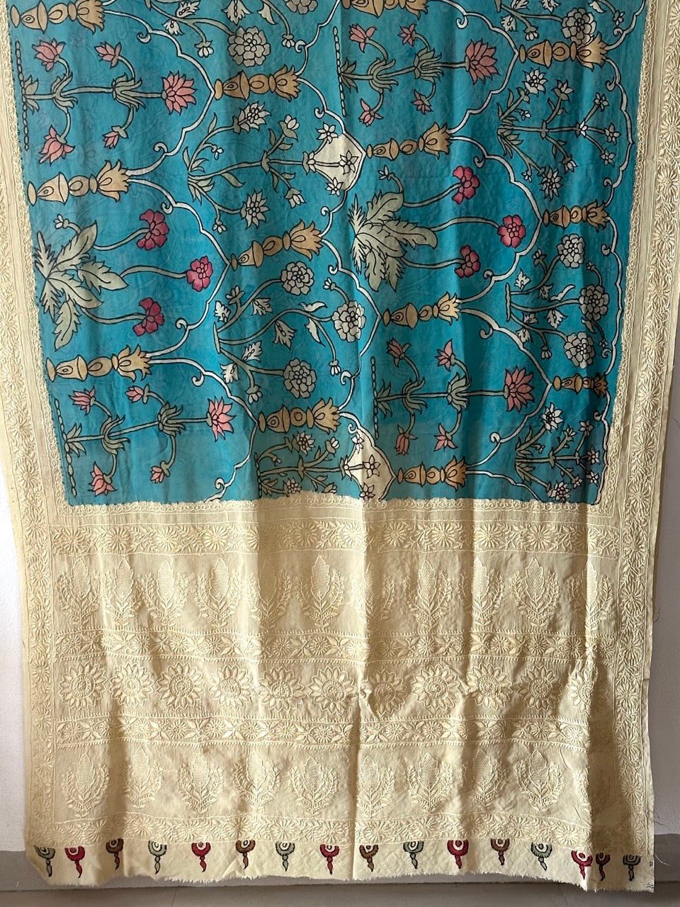 Mughlai Theme Floral Pure Georgette Kalamkari Dupatta With Lucknow Embroidery