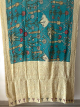 Blue Mughlai Theme Floral Pure Georgette Kalamkari Dupatta With Lucknow Embroidery