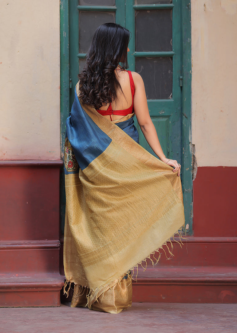 blue-floral-paisley-silk-kalamkari-saree-back-drape-view
