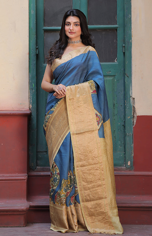 blue-floral-paisley-silk-kalamkari-saree-front-view