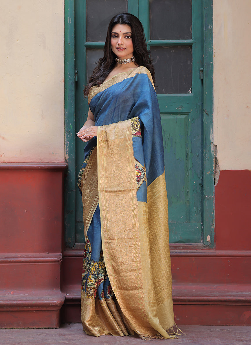 blue-floral-paisley-silk-kalamkari-saree-side-angle-view