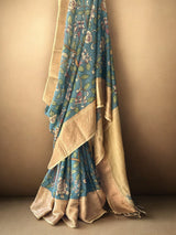 Floral and Bird Theme Silk Kalamakari Saree in Blue Colour