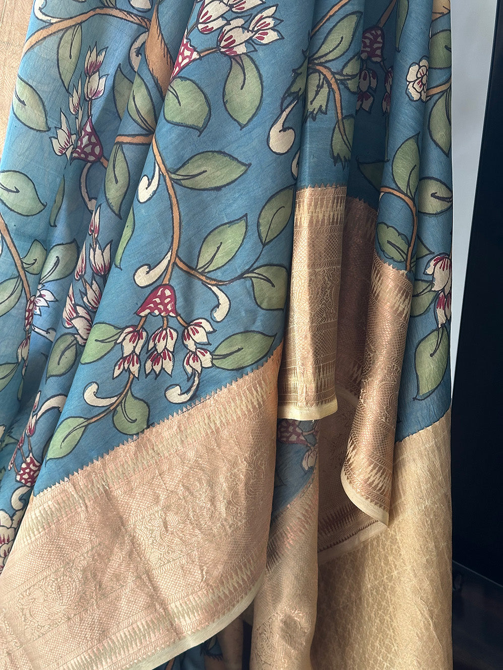 Floral and Bird Theme Silk Kalamakari Saree in Blue Colour