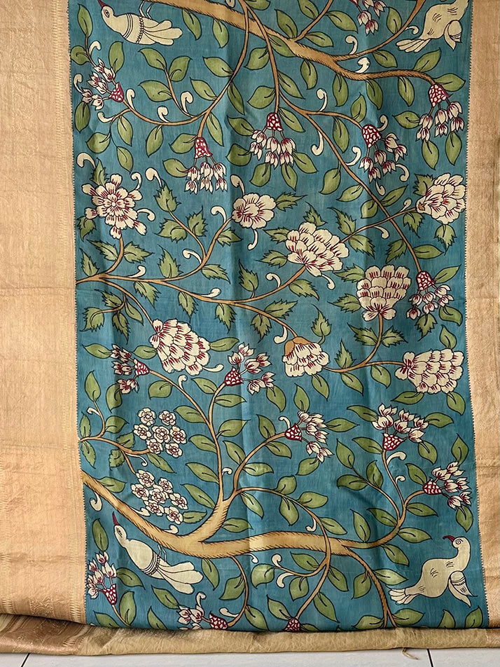 Floral and Bird Theme Silk Kalamakari Saree in Blue Colour