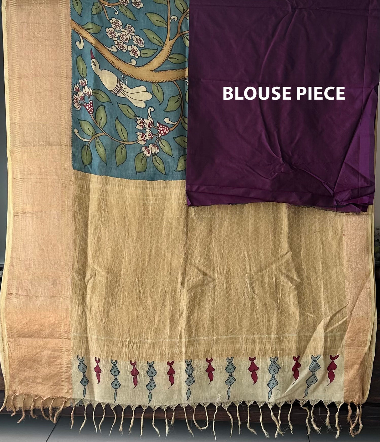 Floral and Bird Theme Silk Kalamakari Saree in Blue Colour