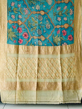 Blue Mughlai Floral Pure Banarsee Georgette Kalamkari Saree