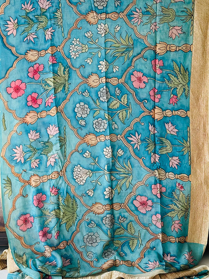 Blue Mughlai Floral Pure Banarsee Georgette Kalamkari Saree