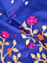 Blue Handloom Muslin Silk Saree with Jamdani weaving