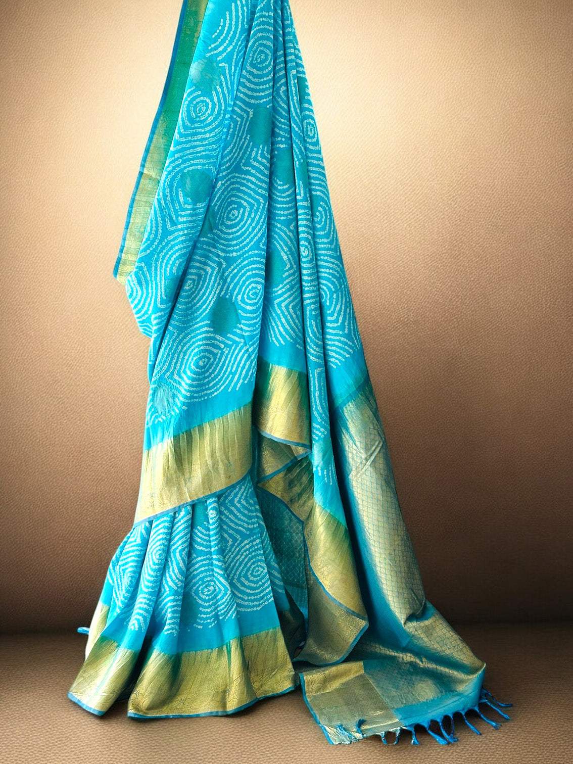 Turquoise Blue Kanjivaram Silk Bandhani Saree