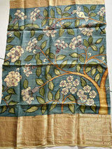 Blue Handloom Silk Pen Kalamkari Blouse Fabric