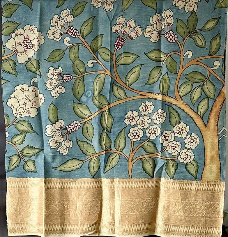 Blue Handloom Silk Pen Kalamkari Blouse Fabric