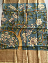 Blue Floral and Bird Theme Handloom Silk Pen Kalamkari Blouse Fabric