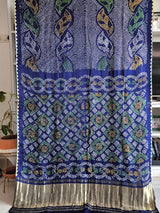 Blue Base Pure Gajji Silk Saree With Multicoloured Bandhani