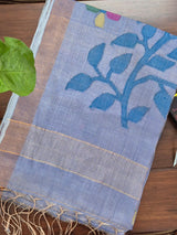 Bluish Purple Base with Blue Stems Handloom Tissue Silk Saree with Jamdani weaving
