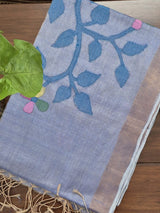 Bluish Purple Base with Blue Stems Handloom Tissue Silk Saree with Jamdani weaving
