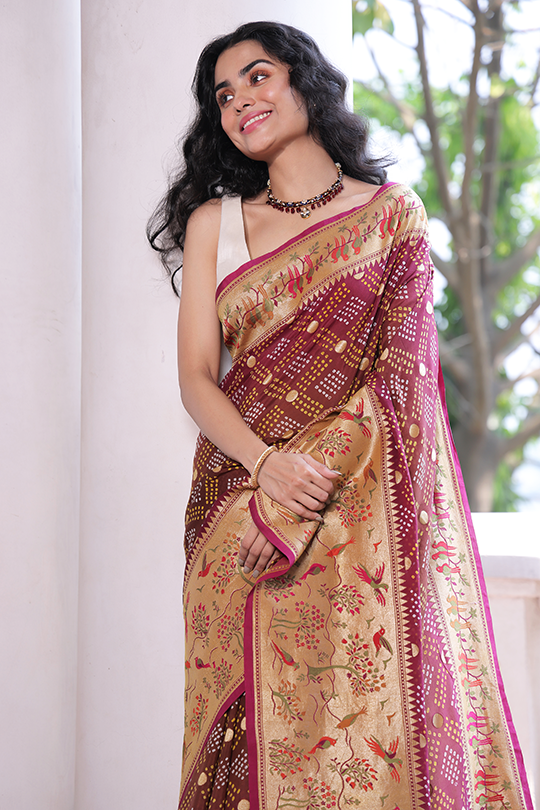 Handloom Pure Georgette Bandhani Saree with Beautiful Garden Theme Border