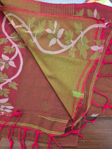 Elegant Mulmul Cotton Saree made on Jacquard Loom in Red and Green Colour