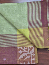 Elegant Mulmul Cotton Saree made on Jacquard Loom in Brown and Green Colour