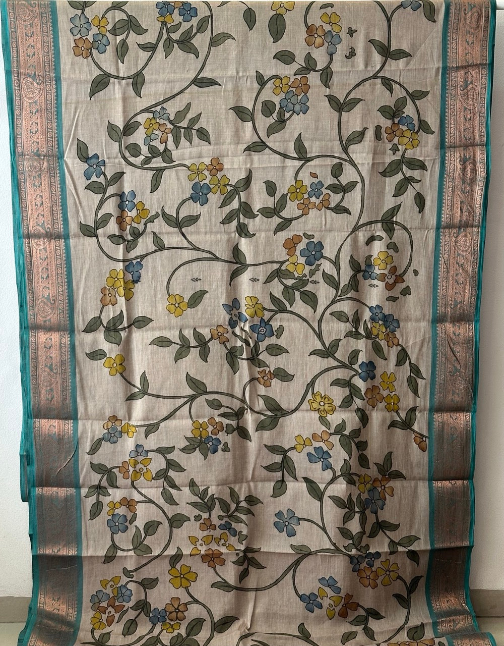 Brownish Grey Floral Cotton Kalamkari Saree