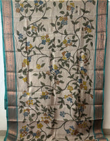 Brownish Grey Floral Cotton Kalamkari Saree