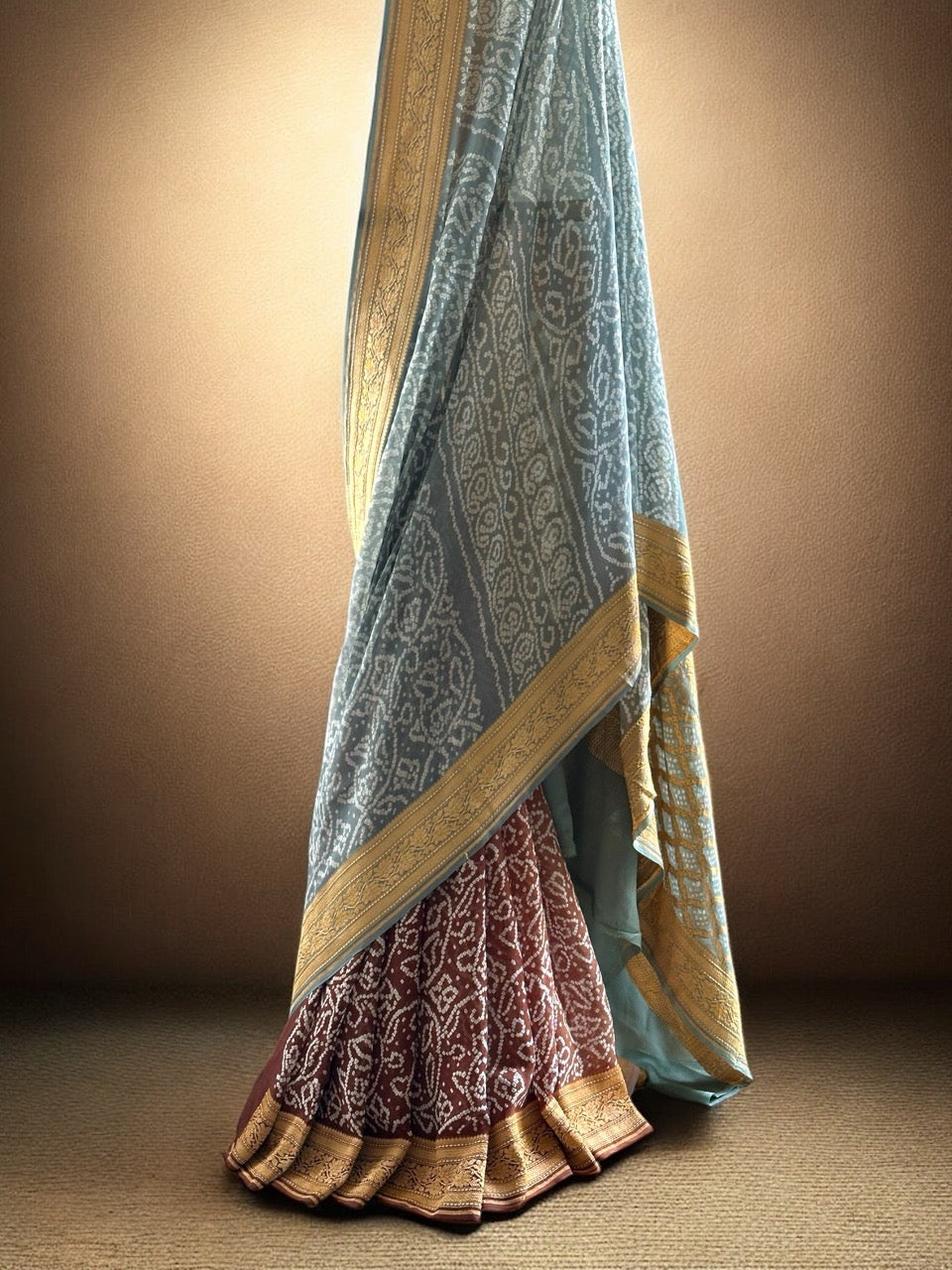 Ombre - Brown and Grey Pure Banarsi Gerogette Bandhani Saree