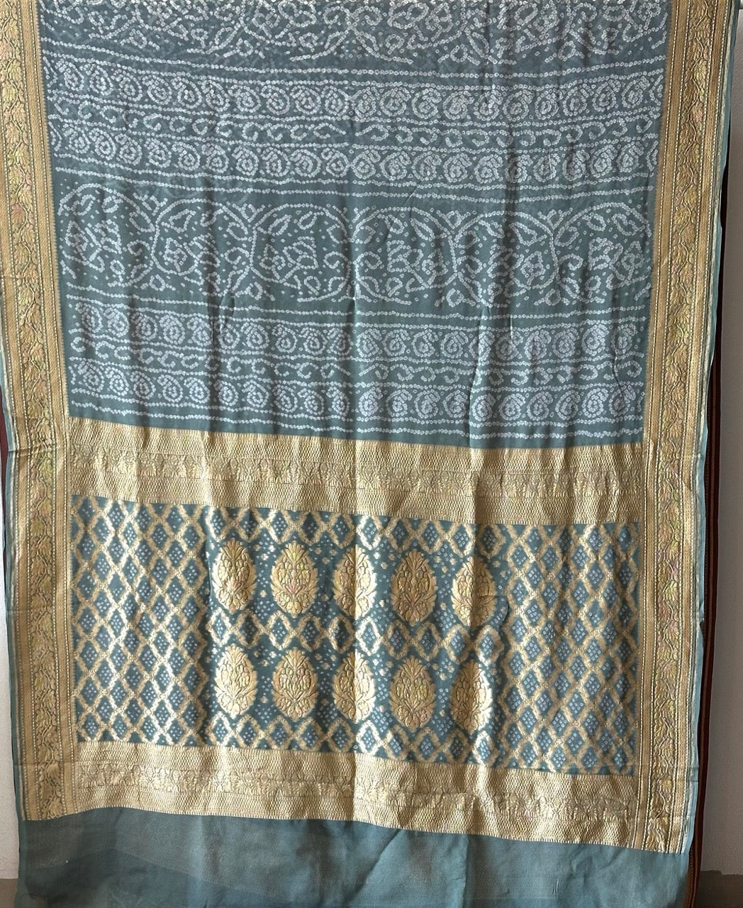 Ombre - Brown and Grey Pure Banarsi Gerogette Bandhani Saree