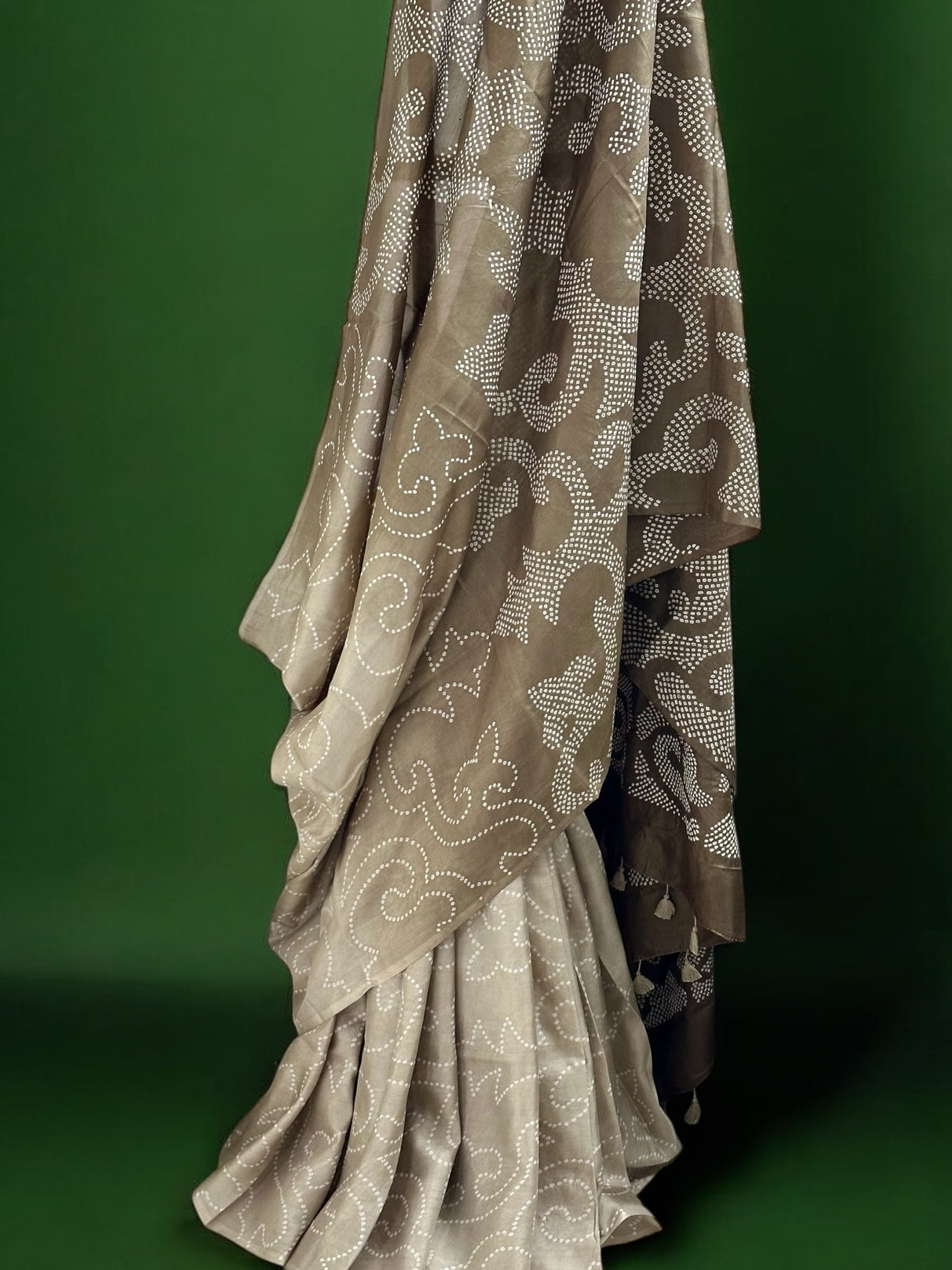 Habotai Silk Bandhani Saree in Shades of Brown Grey