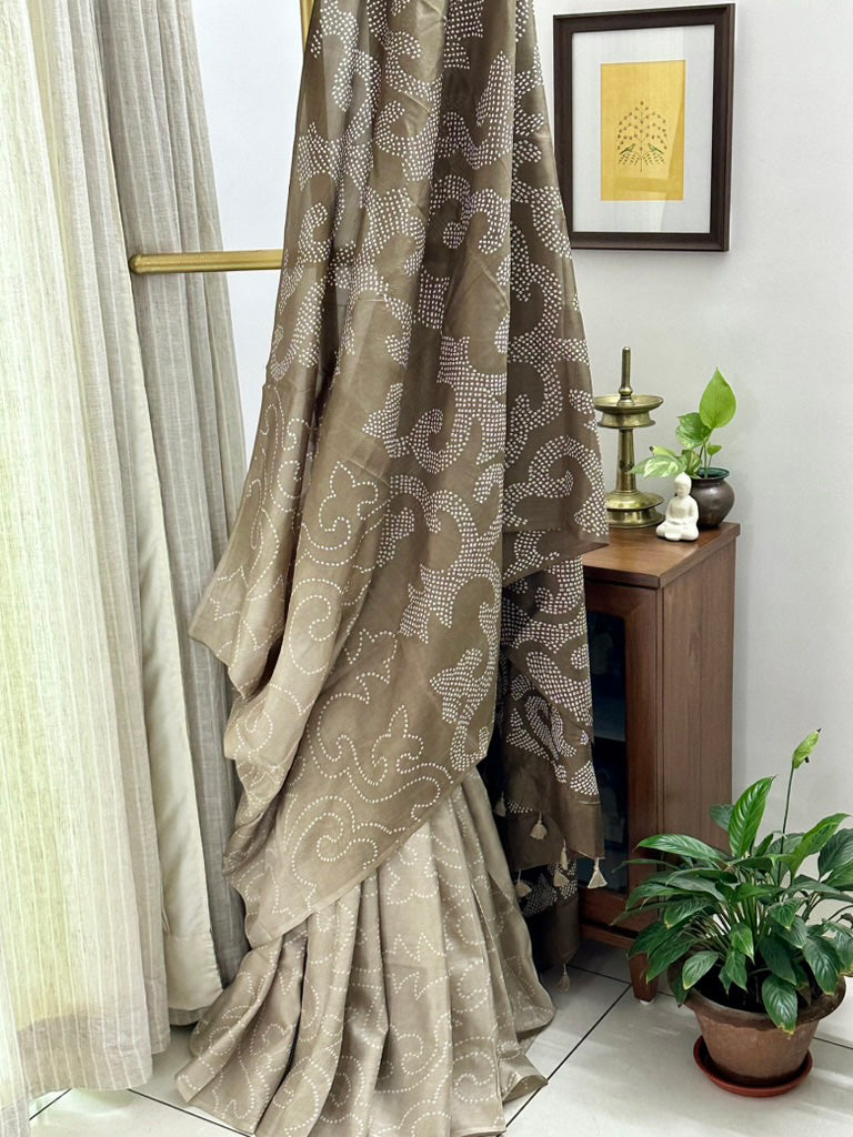 Habotai Silk Bandhani Saree in Shades of Brown Grey