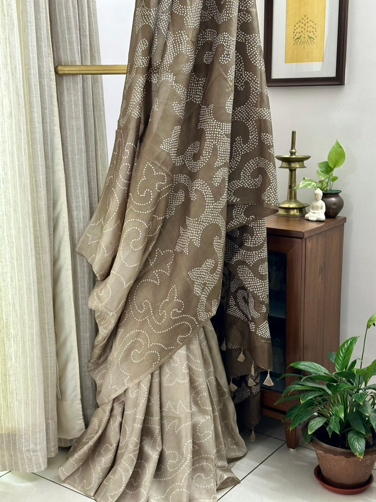 Habotai Silk Bandhani Saree in Shades of Brown Grey