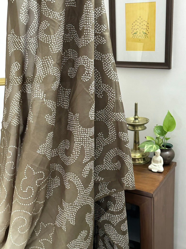 Habotai Silk Bandhani Saree in Shades of Brown Grey