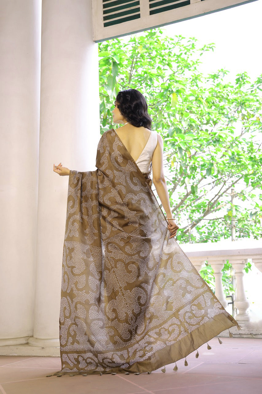 Habotai Silk Bandhani Saree in Shades of Brown Grey