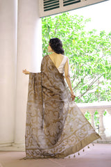 Habotai Silk Bandhani Saree in Shades of Brown Grey