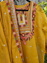 The festive Chanderi Mulmul 3 Piece Semi Stitched Suit Set in Yellow Colour