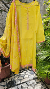 Lovely Yellow 3-pc Chanderi Mulmul Semi Stitched Suit Set