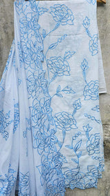 Cotton Mulmul Unstitched Suit Set with Blue Floral Embroidery