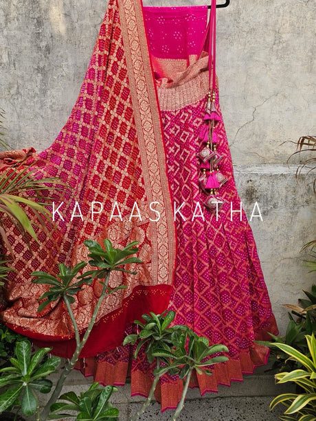 Captivating Rani Pink Pure Banarsi Georgette Bandhani Lehenga