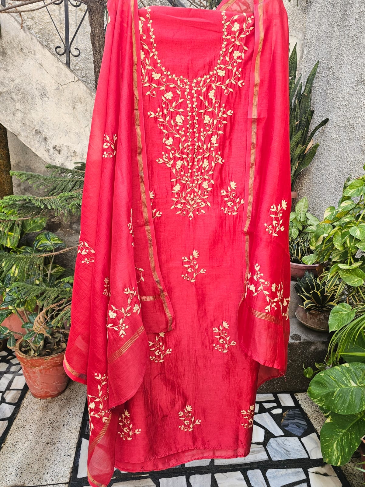 Chanderi Hand Appliqué Kurta Fabric And Dupatta Set