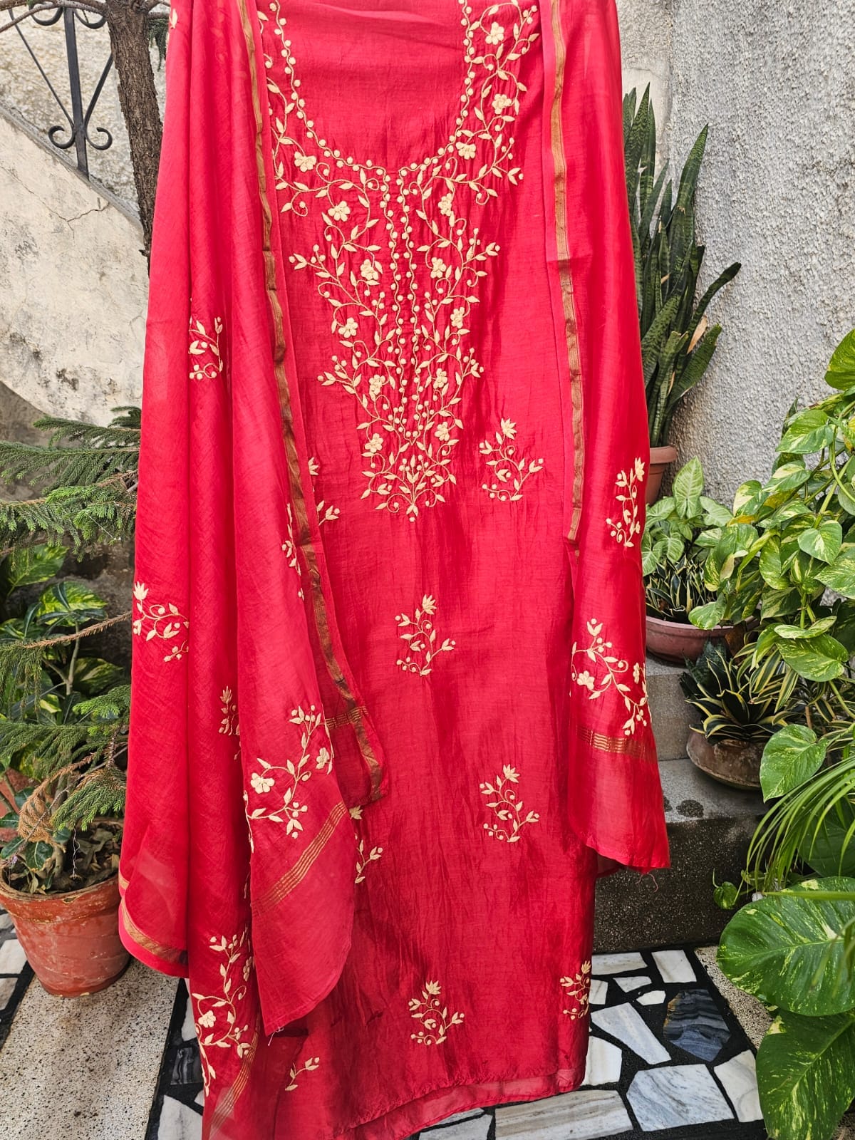 Chanderi Hand Appliqué Kurta Fabric And Dupatta Set