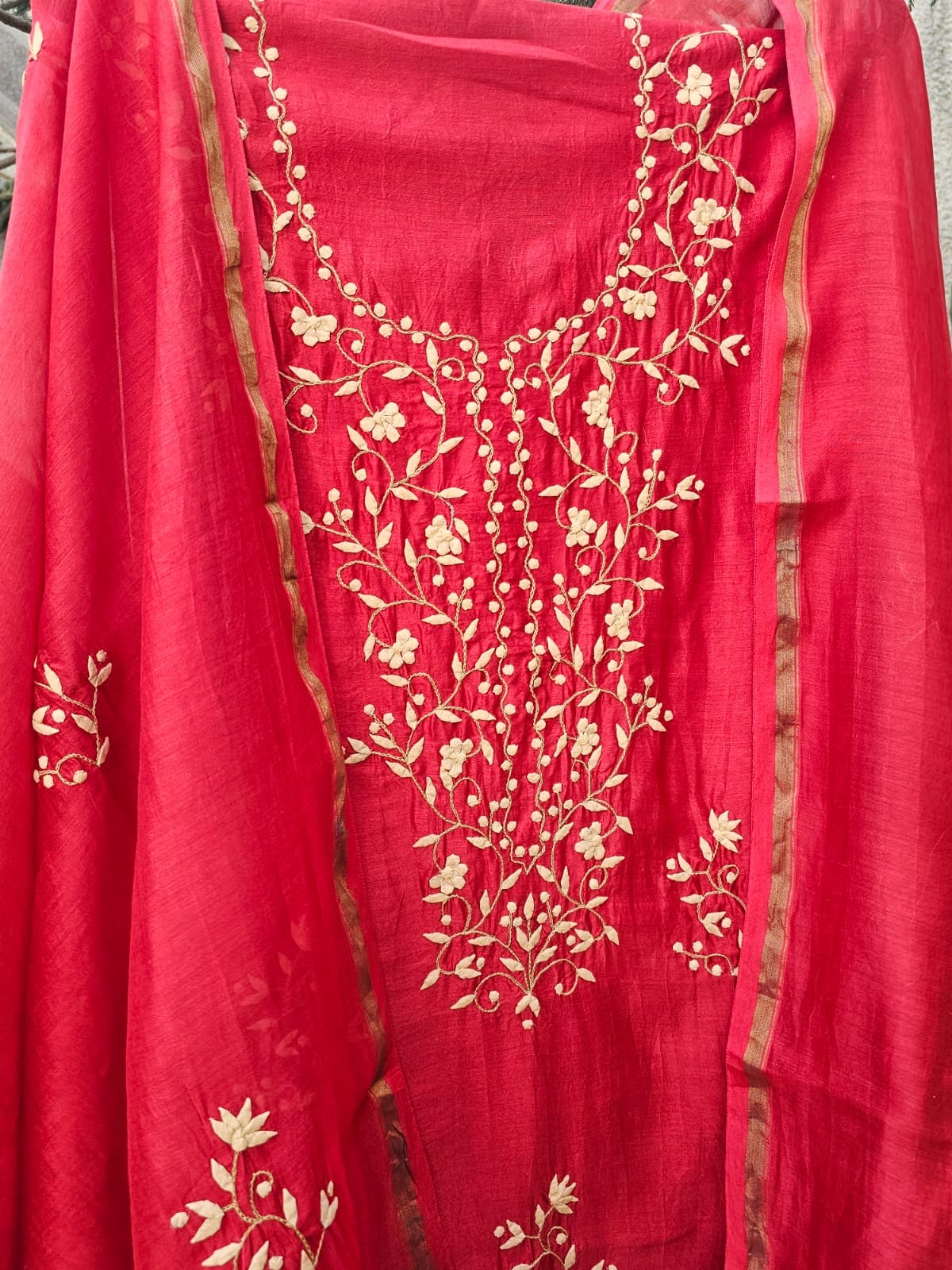 Chanderi Hand Appliqué Kurta Fabric And Dupatta Set