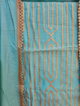 Soothing Blue Three Piece Unstitched Suit Set With Machine Applique