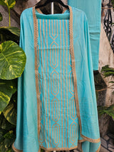 Soothing Blue Three Piece Unstitched Suit Set With Machine Applique